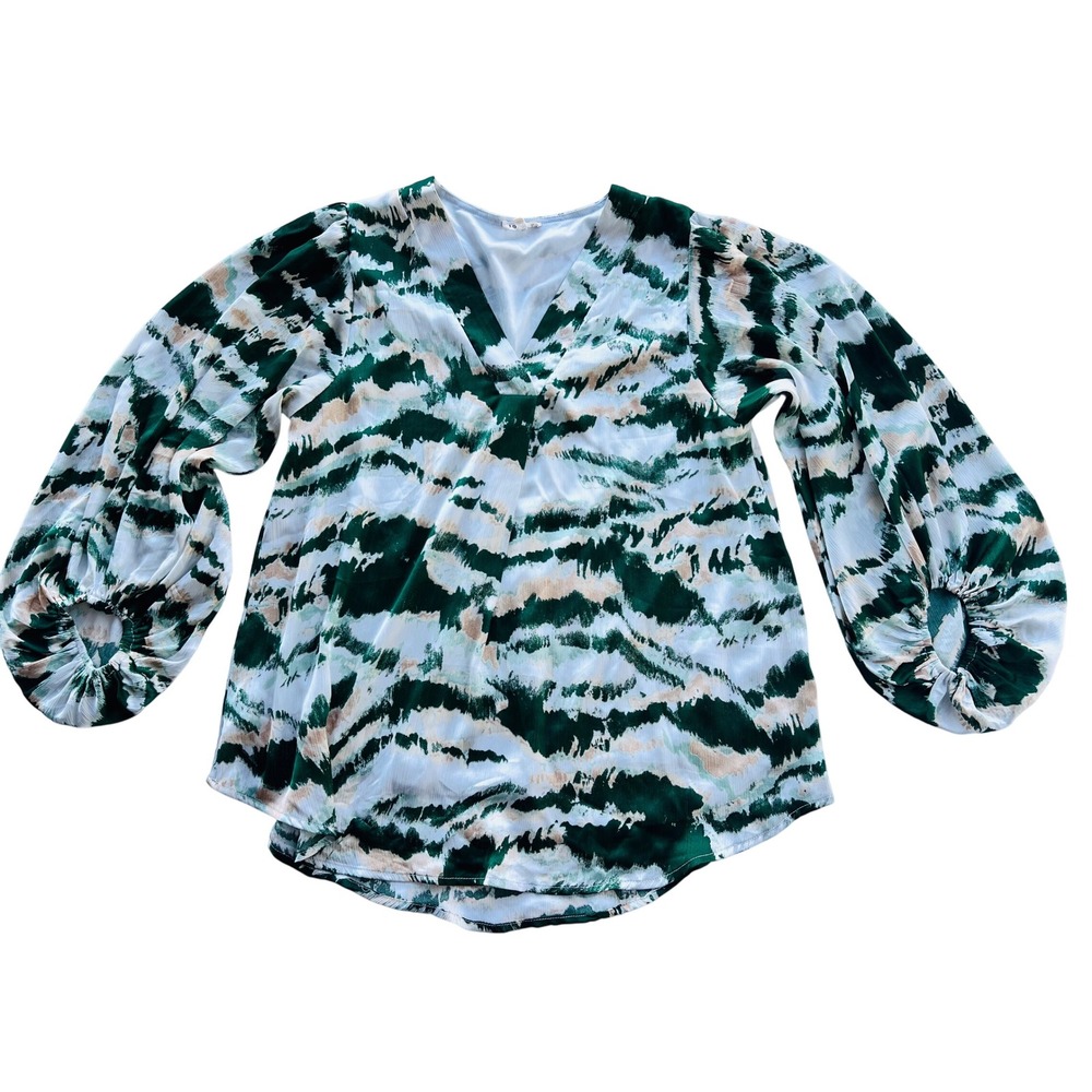 Jodifl Green Abstract Print Blouse Top V Neck Balloon Sleeve Flowy Fit Small S